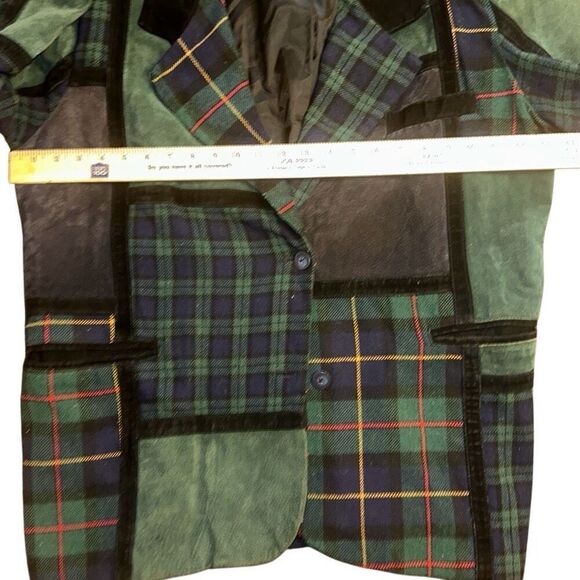 Vintage women 20W Brandon Thomas Plaid Suede Patchwork Blazer Jacket Green Blue - Picture 10 of 12